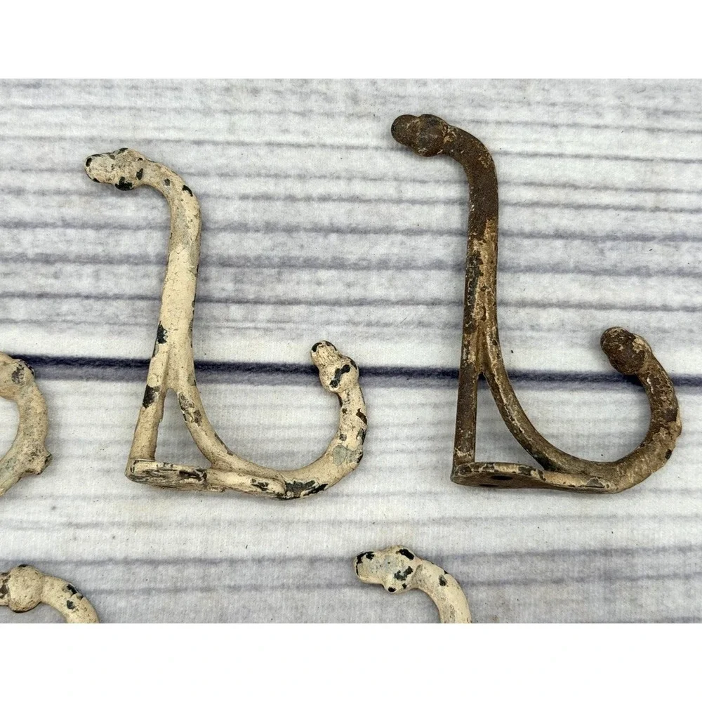 LOT OF 5 ANTIQUE SALVAGED CAST IRON DOUBLE COAT / HAT HOOKS